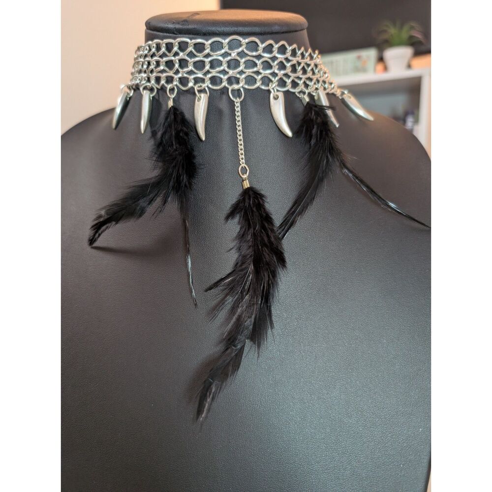 Gothic Wide Silver Chain Choker with Black Feathers & Metal Claw Spikes